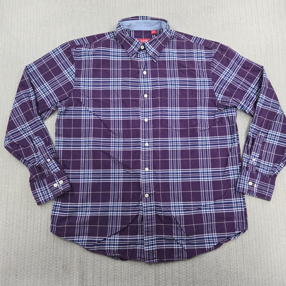 IZOD Shirt Mens Large Purple Plaid Button Down Long Sleeve Casual Pocket
